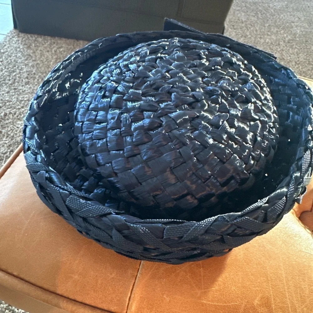 Vintage navy blue woven straw hat union made classic summer boater style